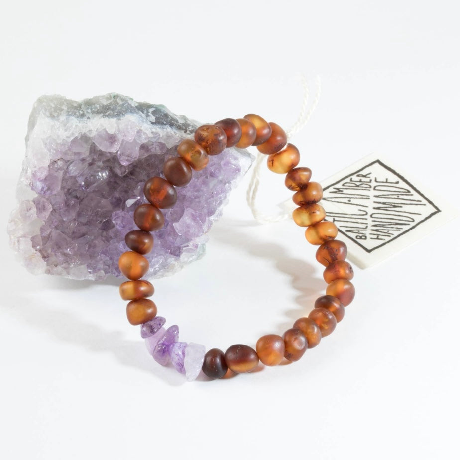 Raw Cognac Amber + Raw Amethyst - Adult Bracelet